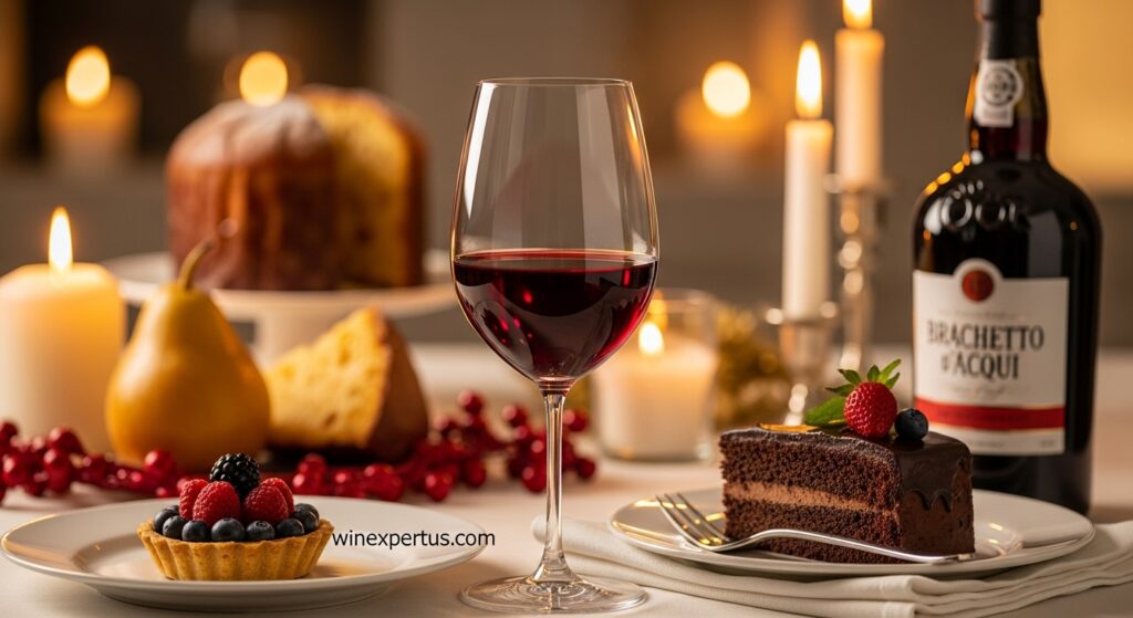 A romantic dessert pairing featuring sweet red wine with chocolate cake, berry tart, and festive Italian desserts – highlighting perfect wine matches for sweets.

