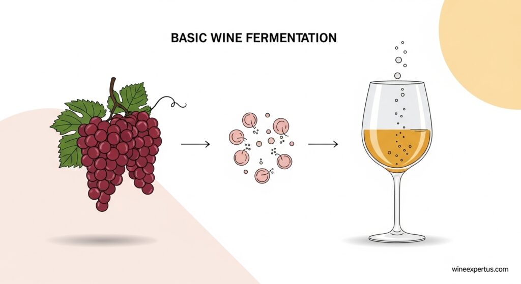 Illustration showing how natural sugars in grapes are transformed into wine through fermentation by yeast.

