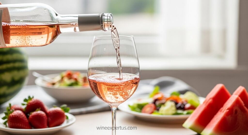 A chilled bottle of Sweet Red Wine White Zinfandel with condensation, pouring blush-pink wine into a glass, surrounded by summer fruits and light fare.

