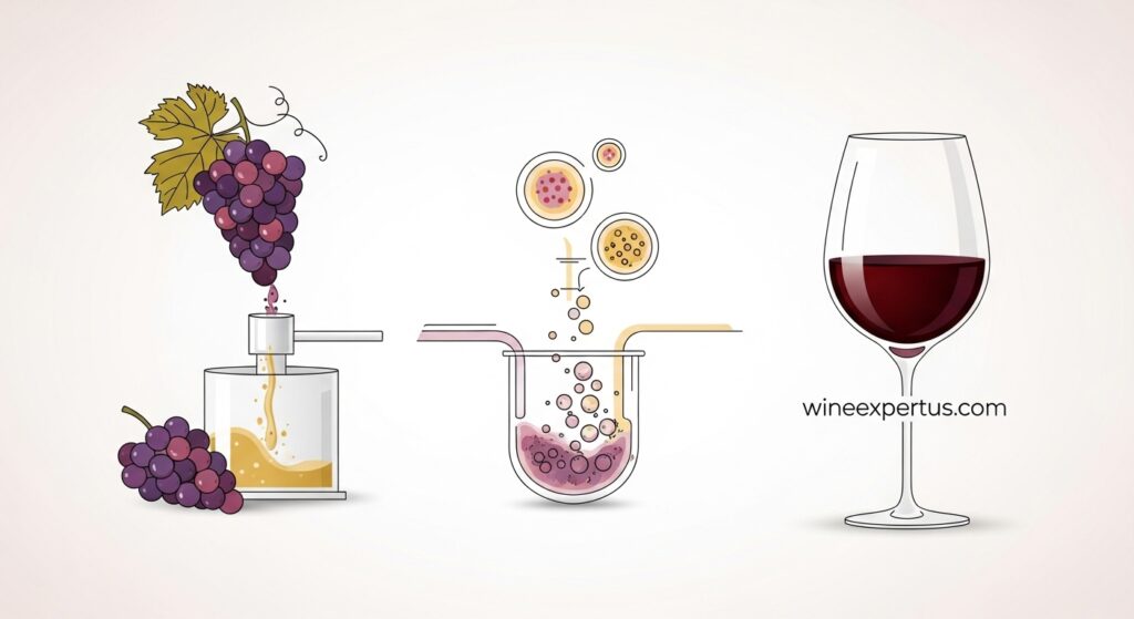 A minimalist wine fermentation illustration showing grapes transforming into wine through yeast activity, ideal for explaining winemaking basics.