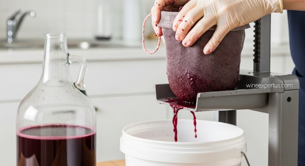 Gloved hands pressing red grape solids to extract wine juice during homemade winemaking process, with juice dripping into a bucket.