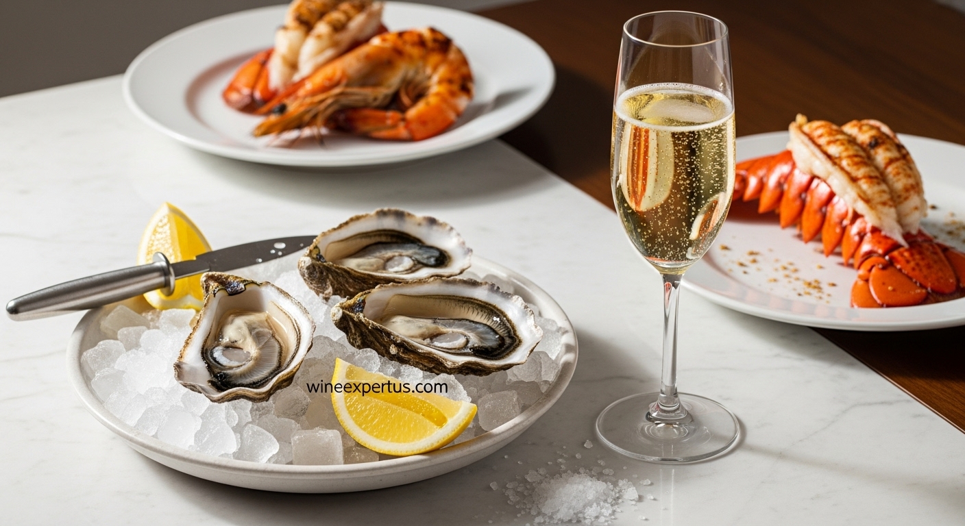 Elegant seafood and Champagne pairing: fresh oysters on ice, grilled shrimp, steamed lobster, and a sparkling Champagne flute – a refined visual of luxury wine and food harmony.